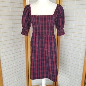 Nicole Miller Plaid Dress Smocked Body Puff Sleeve Cottage Square Neck Small